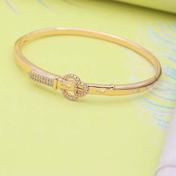 Rose Gold Belt Buckle Design Bangle with CZ Detail, XPBL0471 - Picture 2 of 12